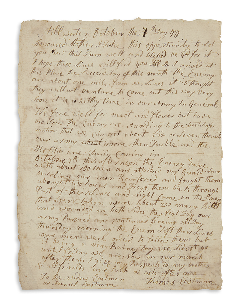 (AMERICAN REVOLUTION--1777.) Eastman, Thomas. Letter describing the victory at Bemis Heights and the pursuit of Burgoyne to Saratoga.